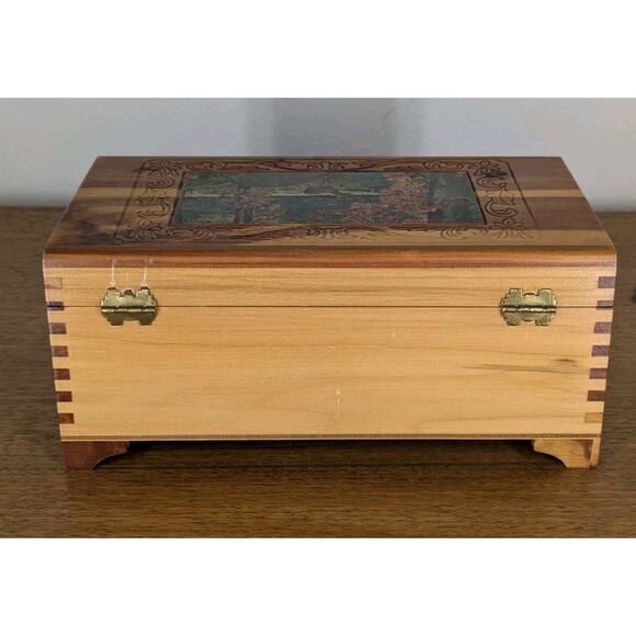 Vintage Litho Woodland Print Cedar Wood Jewelry Trinket Stash Box Mirrored - Picture 6 of 14